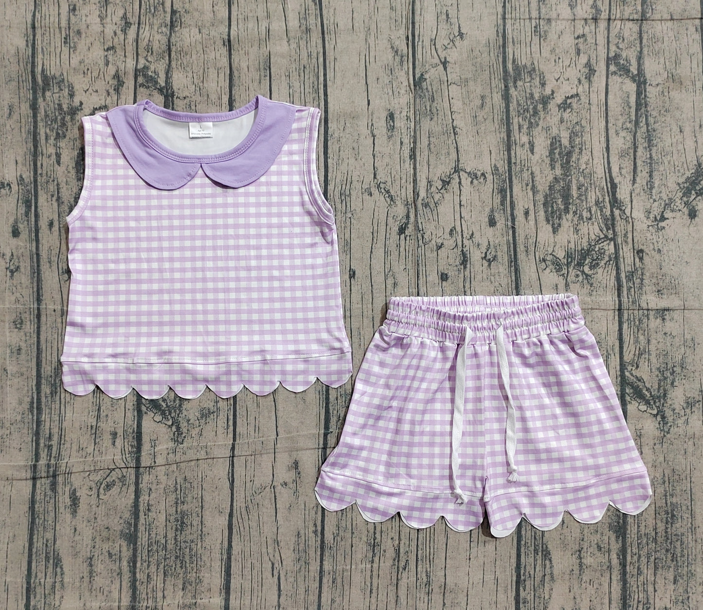 Baby Girls Sleeveless Lavender Checked Collar Top Shorts Scallop Clothes Set