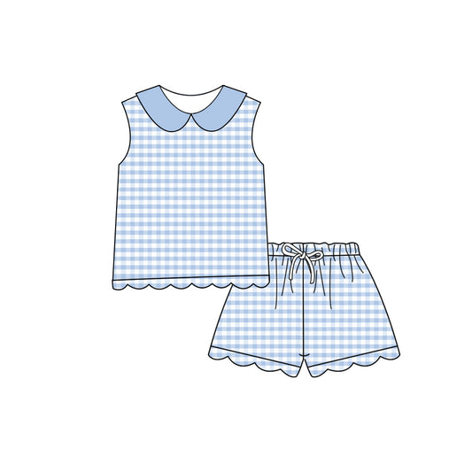 Baby Girls Sleeveless Blue Checked Collar Top Scallop Shorts Clothes Set Preorder