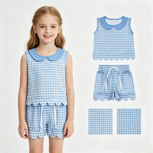 Baby Girls Sleeveless Blue Checked Collar Top Shorts Scallop Clothes Set