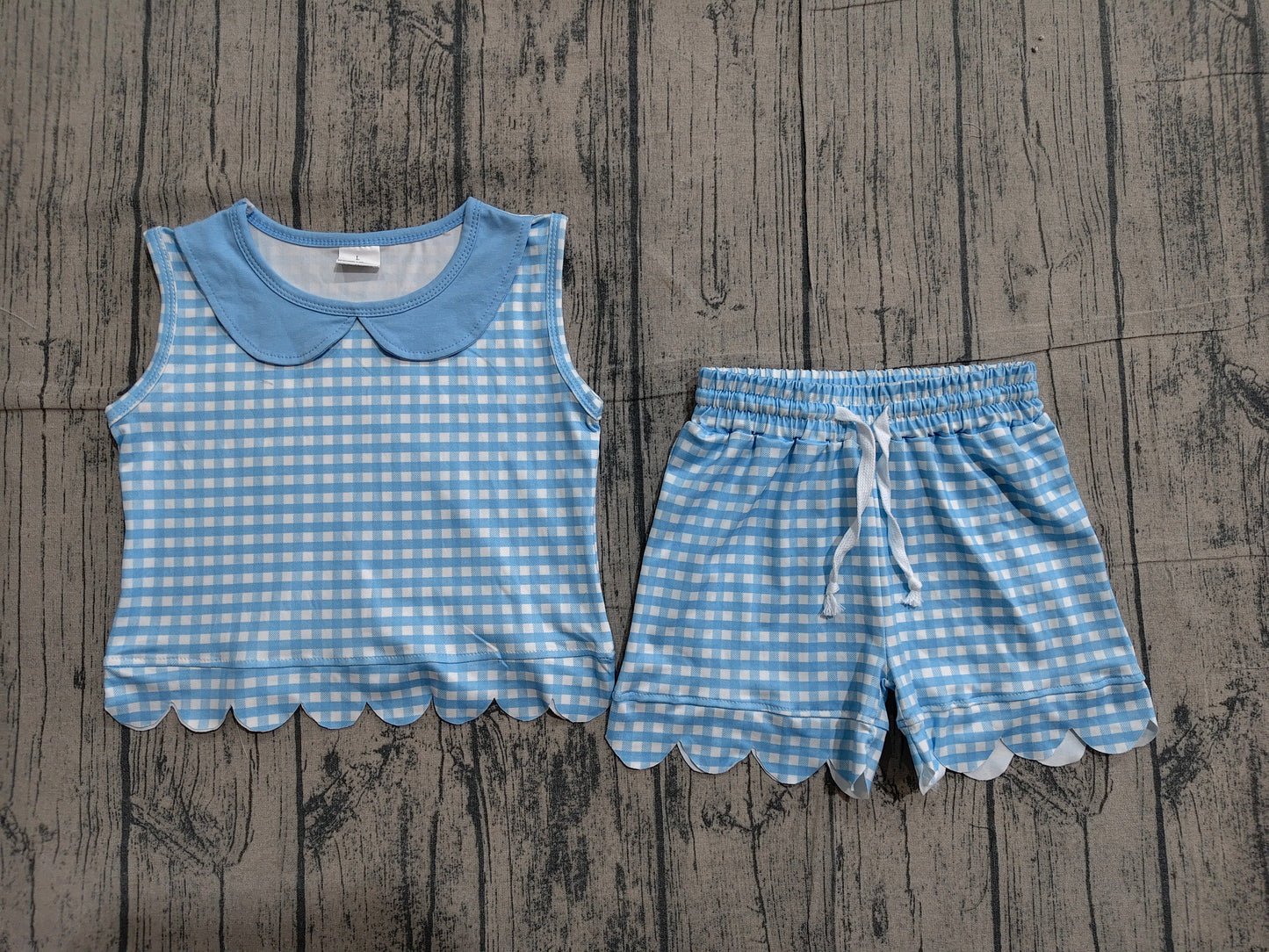 Baby Girls Sleeveless Blue Checked Collar Top Shorts Scallop Clothes Set