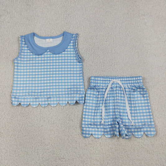 Baby Girls Sleeveless Blue Checked Collar Top Shorts Scallop Clothes Set