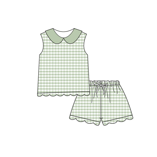 Baby Girls Sleeveless Green Checked Collar Top Scallop Shorts Clothes Set Preorder
