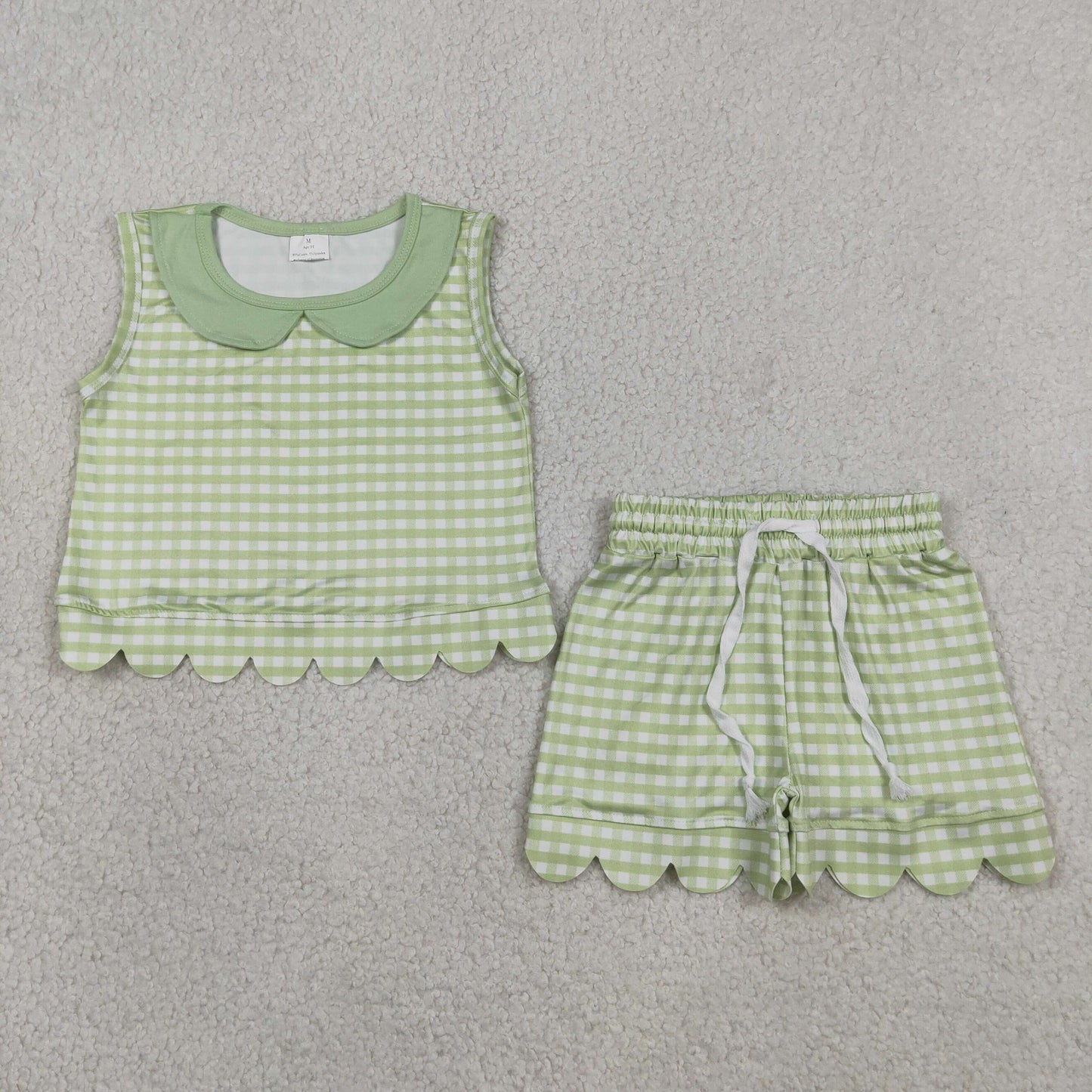 Baby Girls Sleeveless Green Checked Collar Top Shorts Scallop Clothes Set