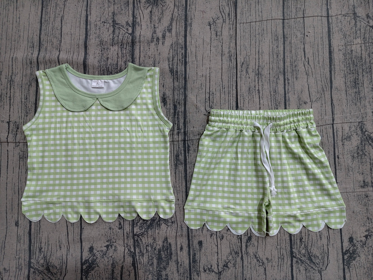 Baby Girls Sleeveless Green Checked Collar Top Shorts Scallop Clothes Set