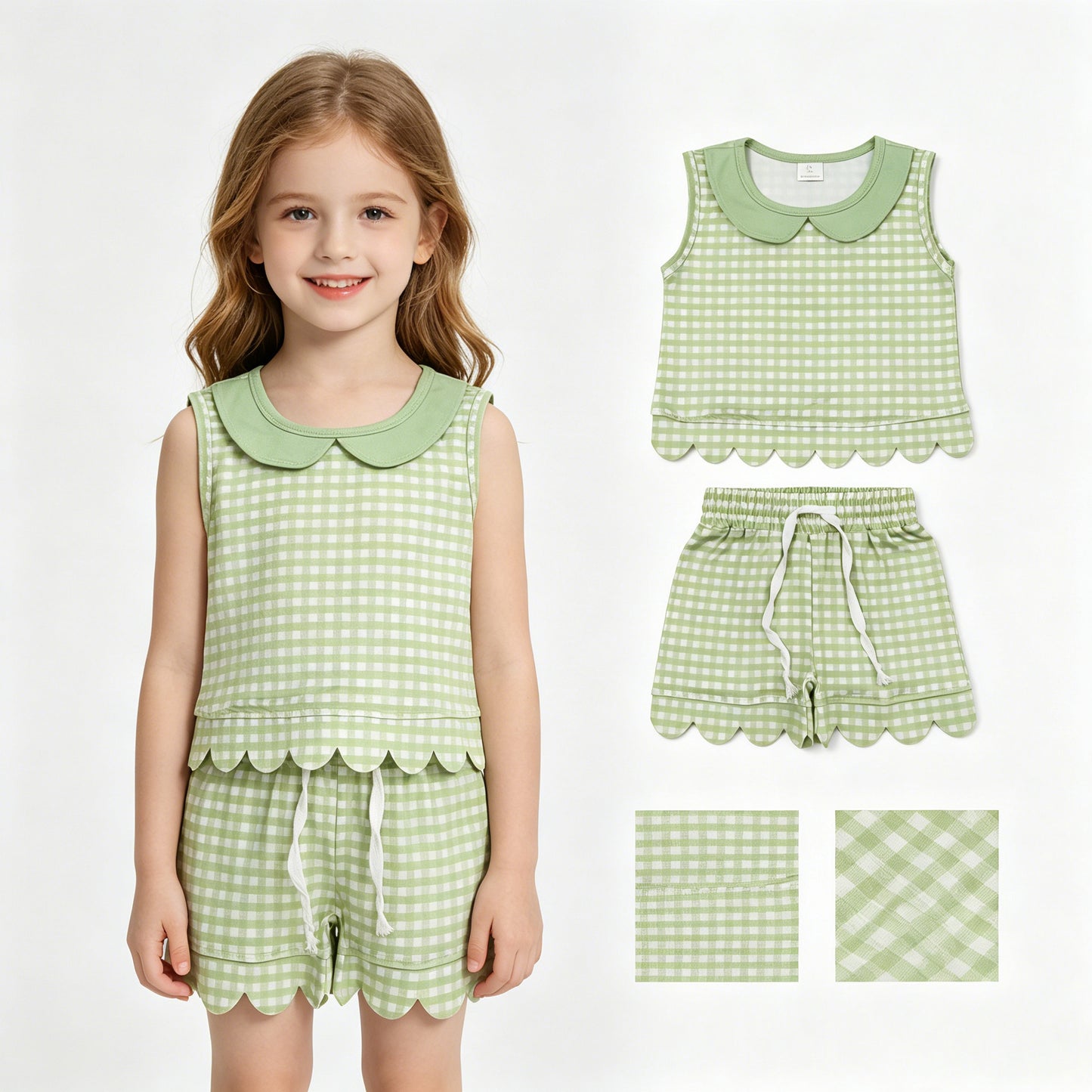 Baby Girls Sleeveless Green Checked Collar Top Shorts Scallop Clothes Set