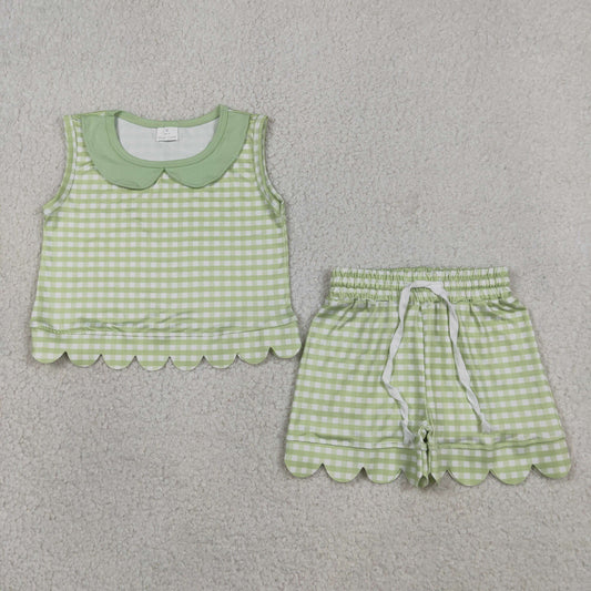 Sibling Baby Girls Short Sleeve Collar Checked Top Pockets Shorts Scallop Clothes Sets