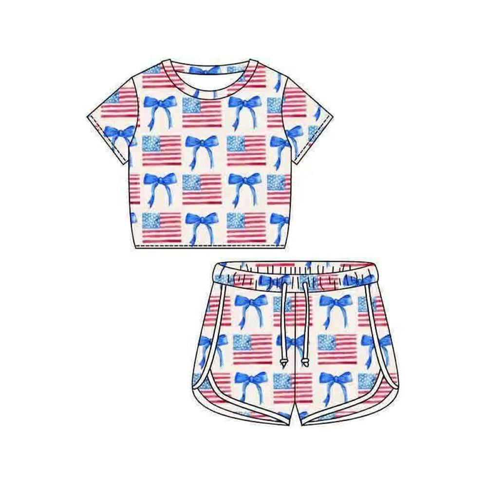 Baby Girls Short Sleeve Bows Flags Top Shorts 4th of July Clothes Set Preorder