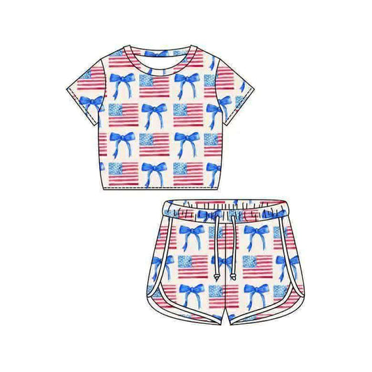 Baby Girls Short Sleeve Bows Flags Top Shorts 4th of July Clothes Set Preorder