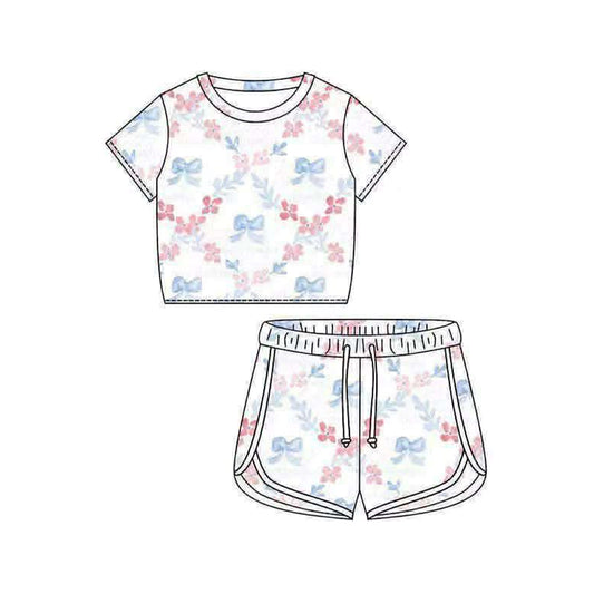Baby Girls Short Sleeve Bows Flowers Checked Top Shorts Clothes Set Preorder