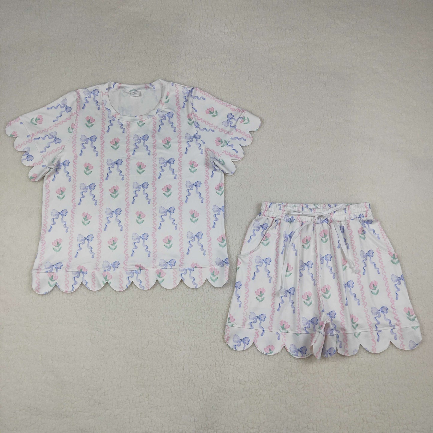 Adult Women Bows Flowers Stripe Top Short Scallop Clothes Sets
