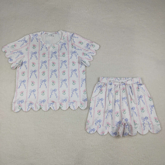Mama and Me Girls Short Sleeve Colorful Flowers Top Pockets Short Scallop Clothes Sets