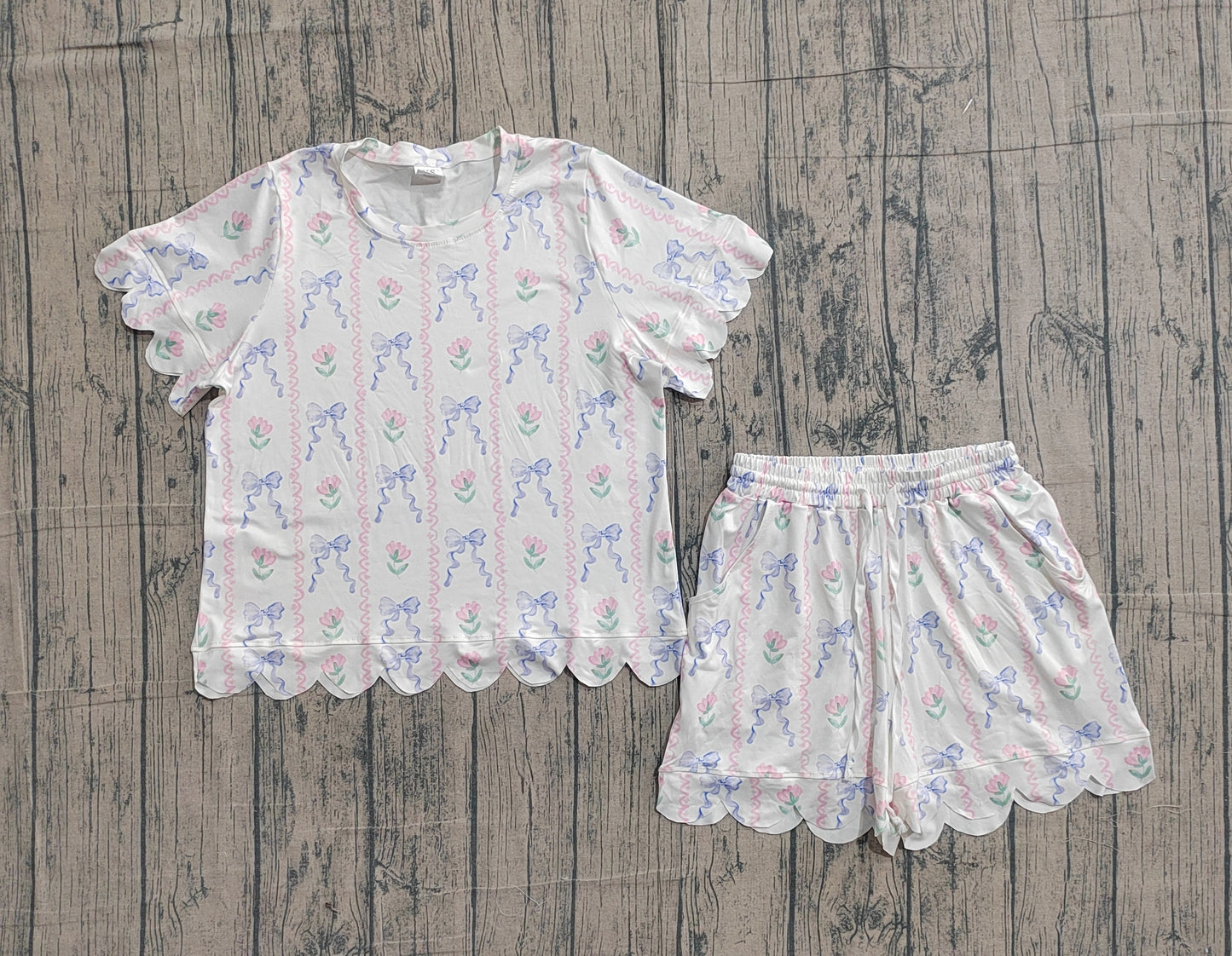 Adult Women Bows Flowers Stripe Top Short Scallop Clothes Sets