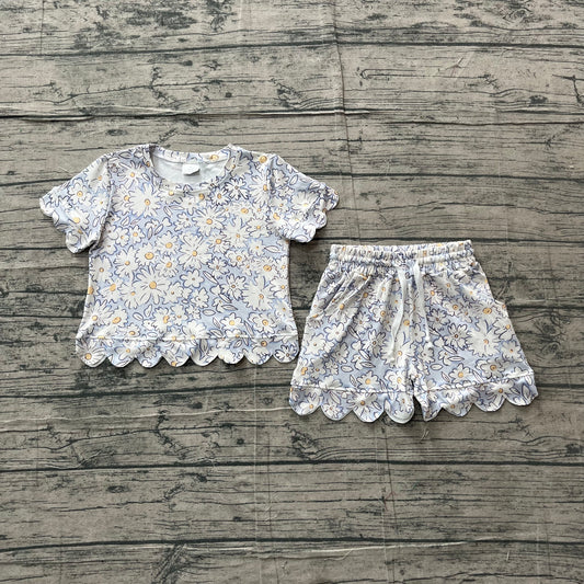Baby Girls Short Sleeve Daisy Flowers Top Scallop Shorts Clothes Sets Preorder