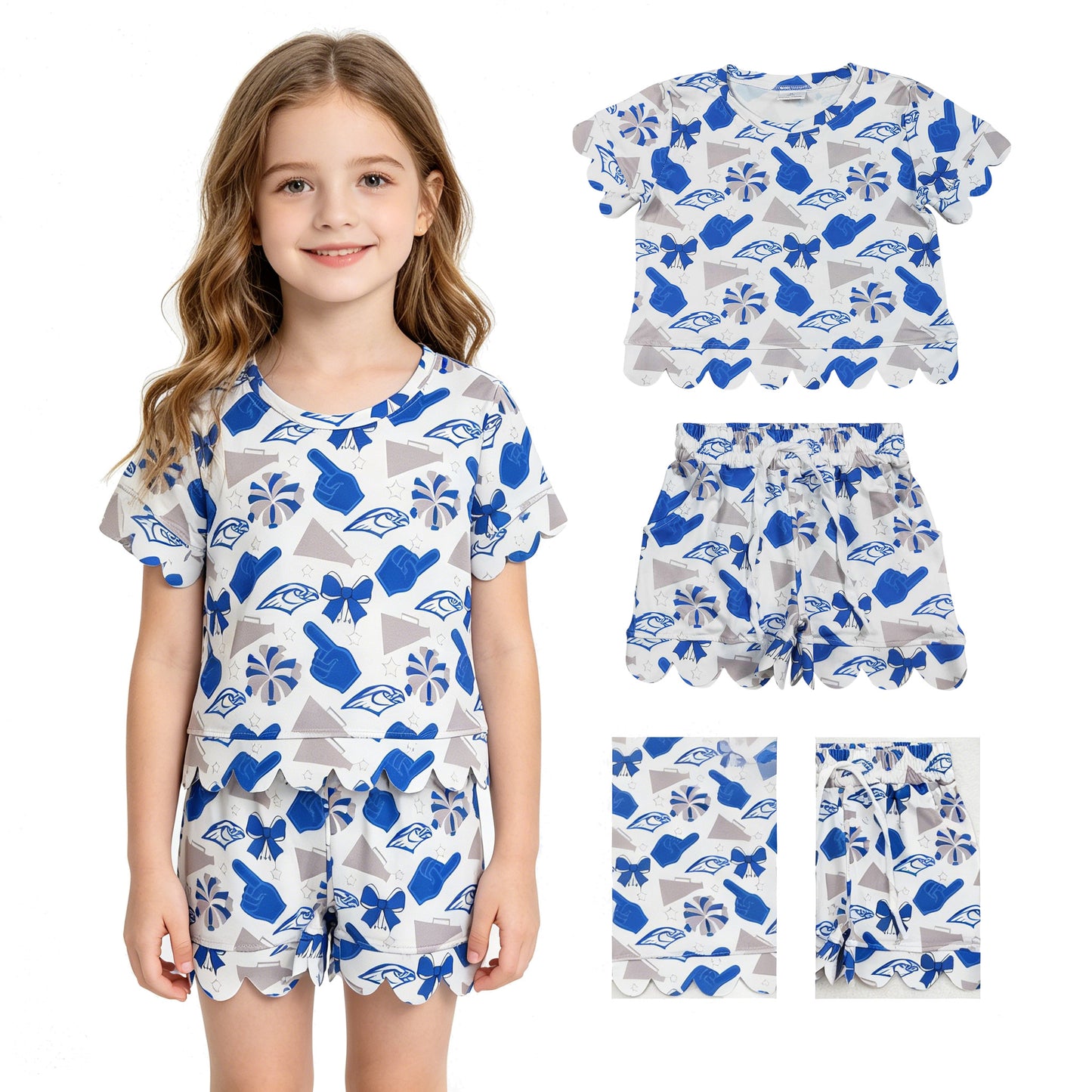 Baby Girls Eagles Bows Cheer Top Pockets Shorts Team Scallop Clothes Set