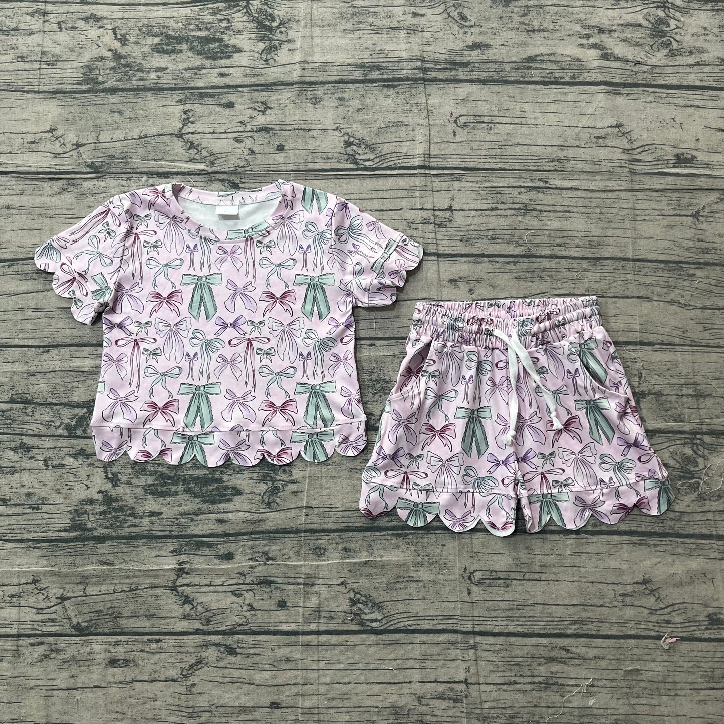Baby Girls Short Sleeve Pink Green Bows Top Pockets Shorts Scallop Clothes Set