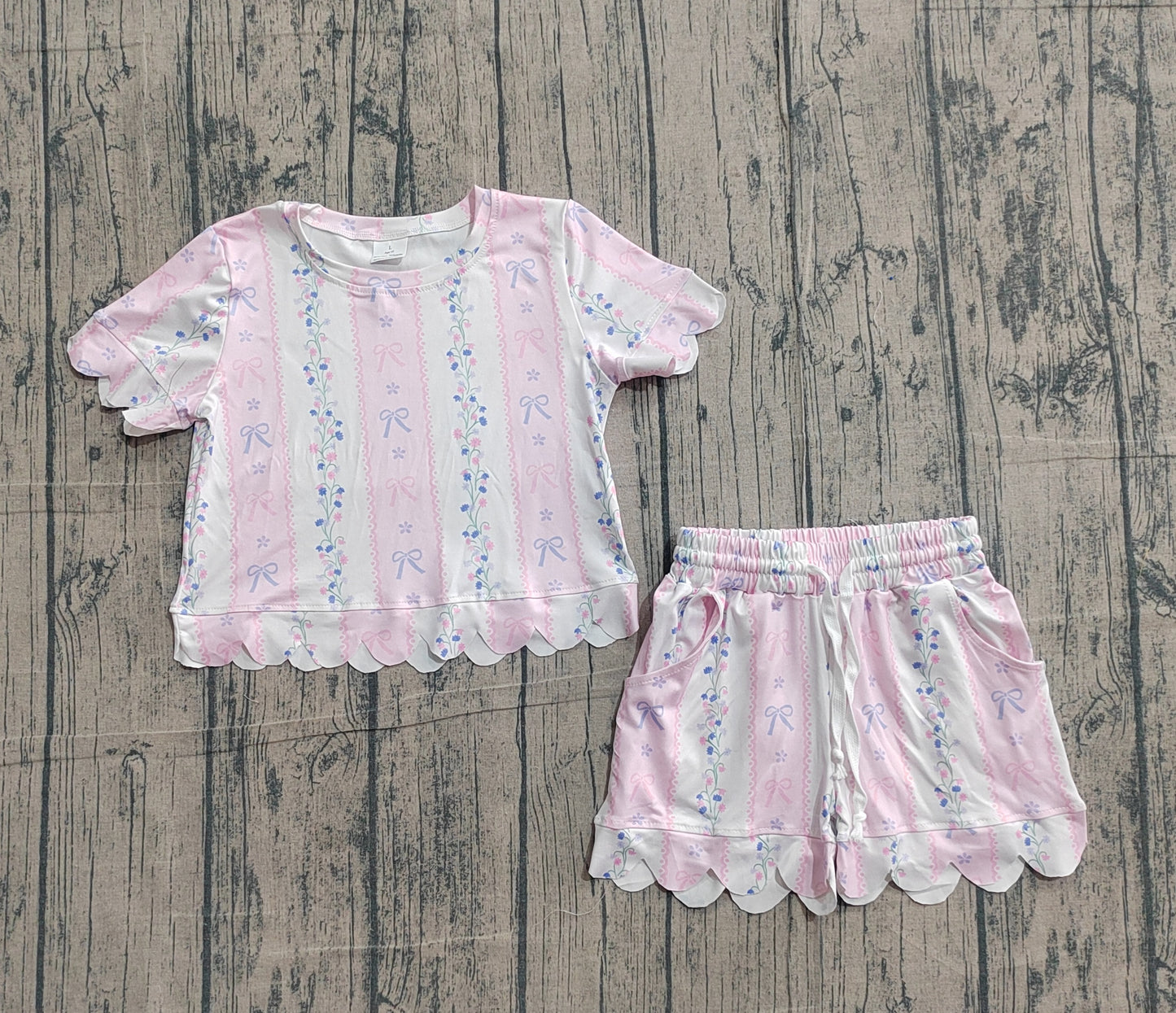 Baby Girls Flowers Bows Stripe Top Shorts Scallop Clothes Set