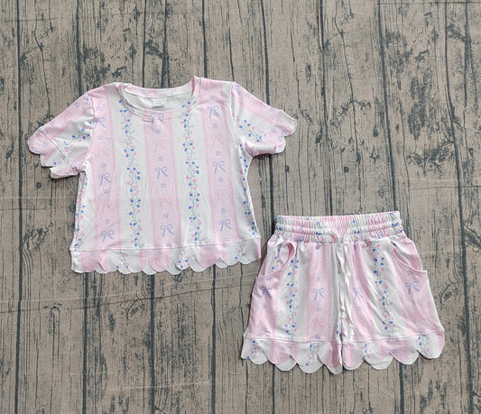 Baby Girls Flowers Bows Stripe Top Shorts Scallop Clothes Set