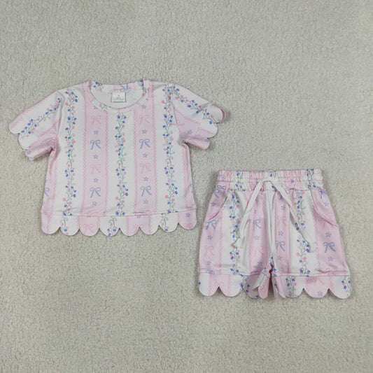 Baby Girls Flowers Bows Stripe Top Shorts Scallop Clothes Set