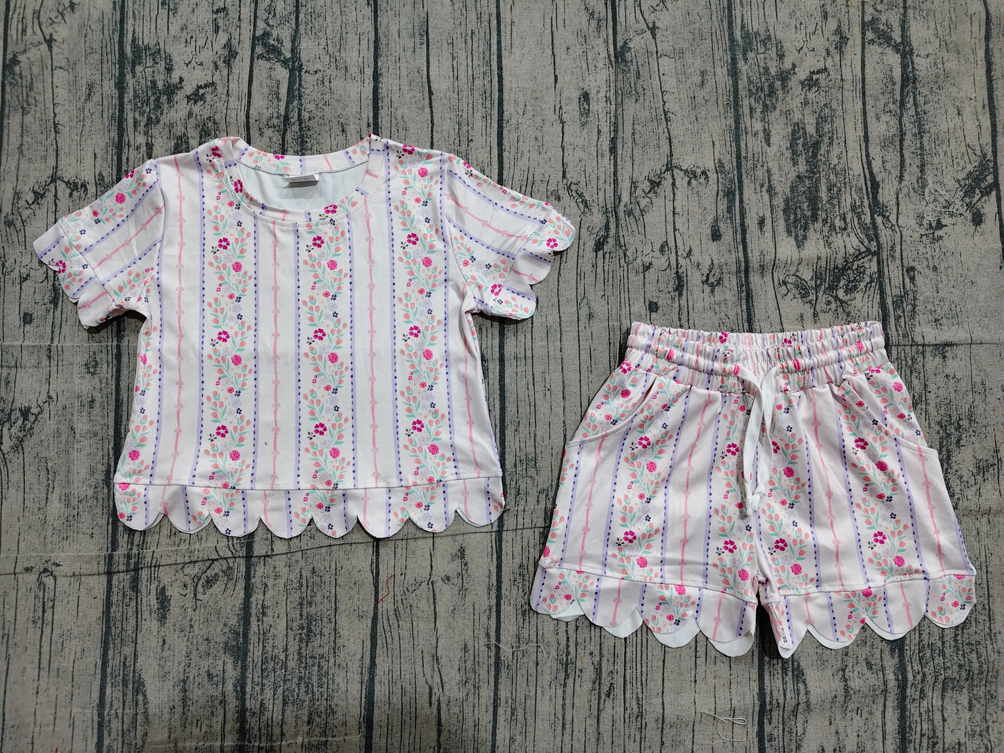 Baby Girls Flowers Stripe Top Pockets Shorts Scallop Clothes Set