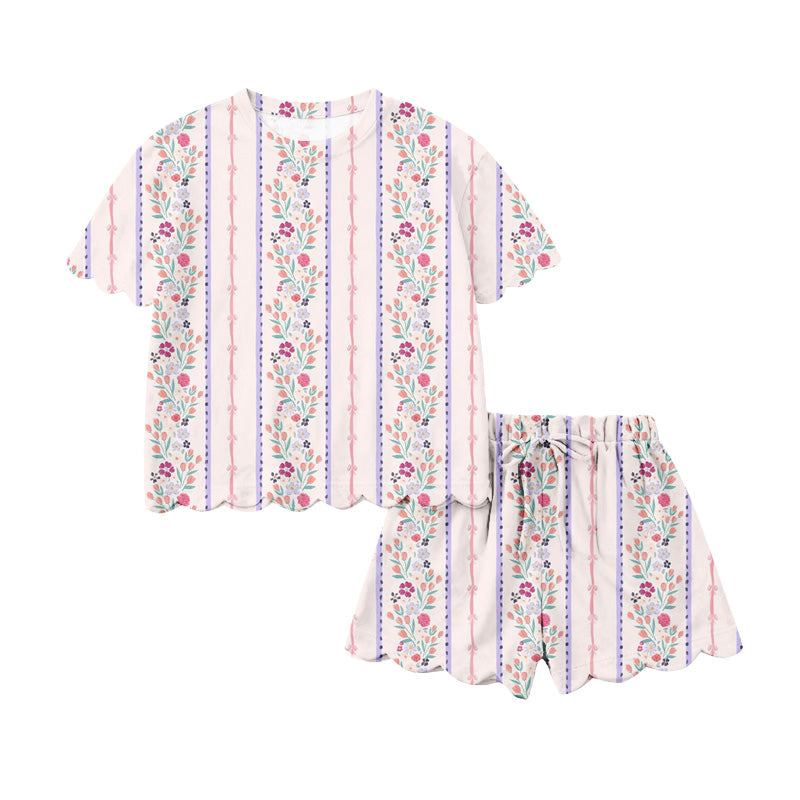 Baby Girls Flowers Stripe Top Scallop Shorts Clothes Set Preorder
