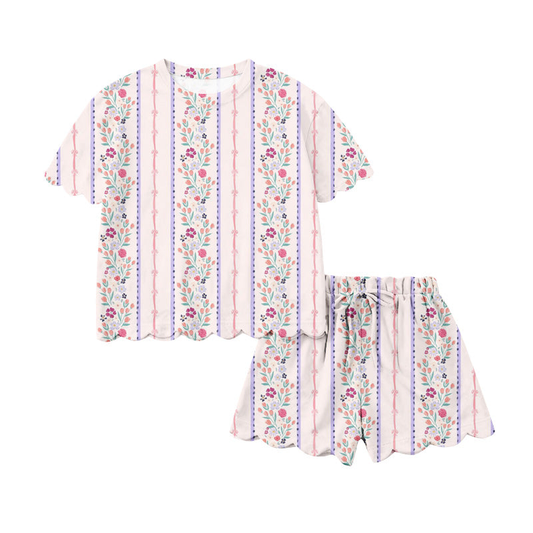 Baby Girls Flowers Stripe Top Scallop Shorts Clothes Set Preorder
