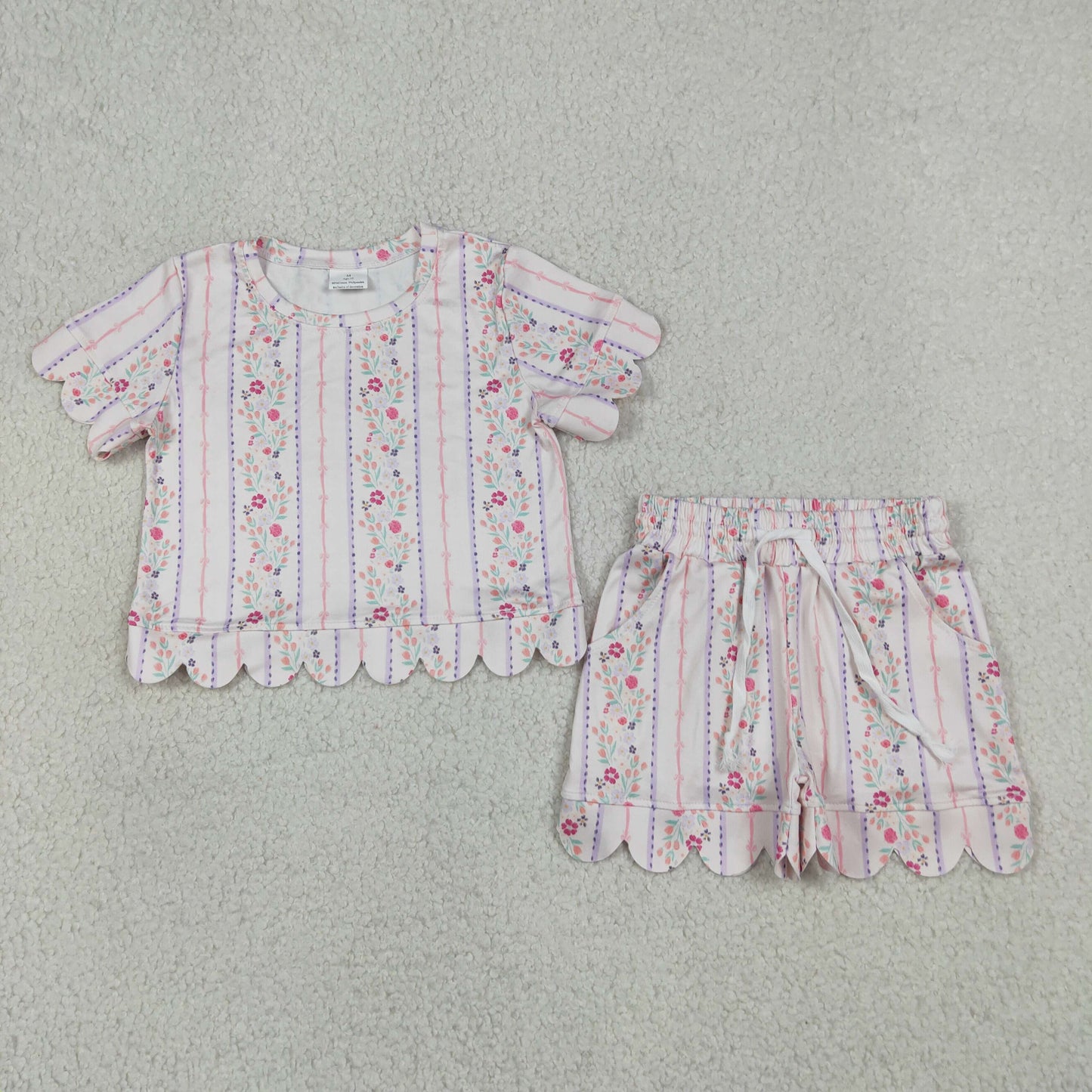 Baby Girls Flowers Stripe Top Pockets Shorts Scallop Clothes Set