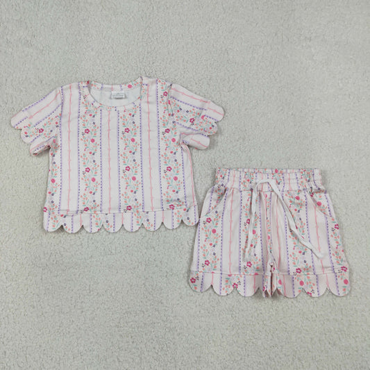 Baby Girls Flowers Stripe Top Pockets Shorts Scallop Clothes Set