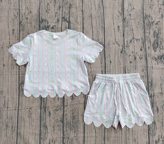 Baby Girls Flowers Stripe Top Scallop Shorts Clothes Set