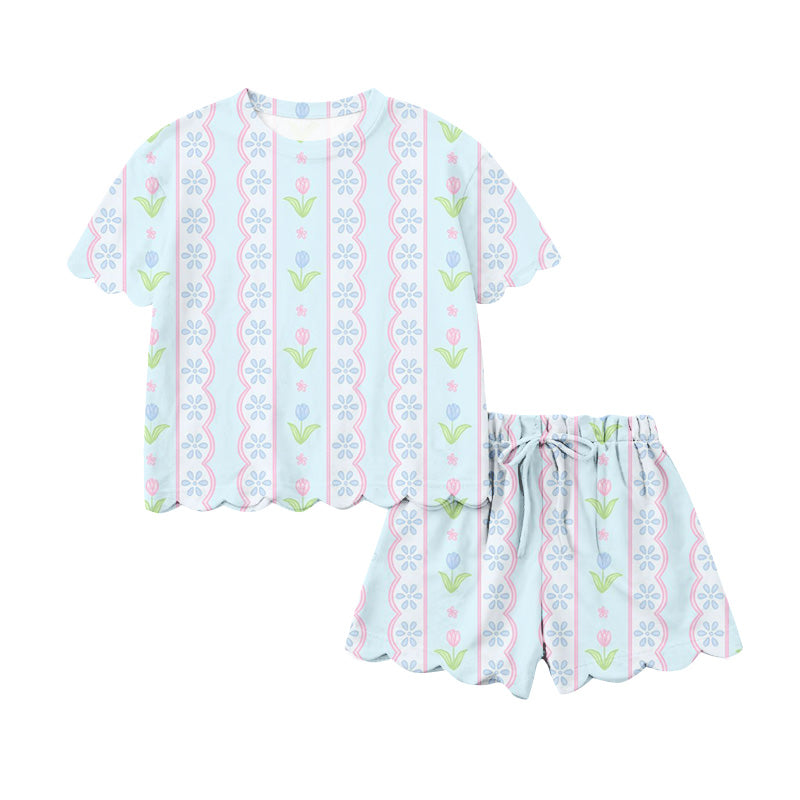 Baby Girls Flowers Stripe Top Scallop Shorts Clothes Set Preorder