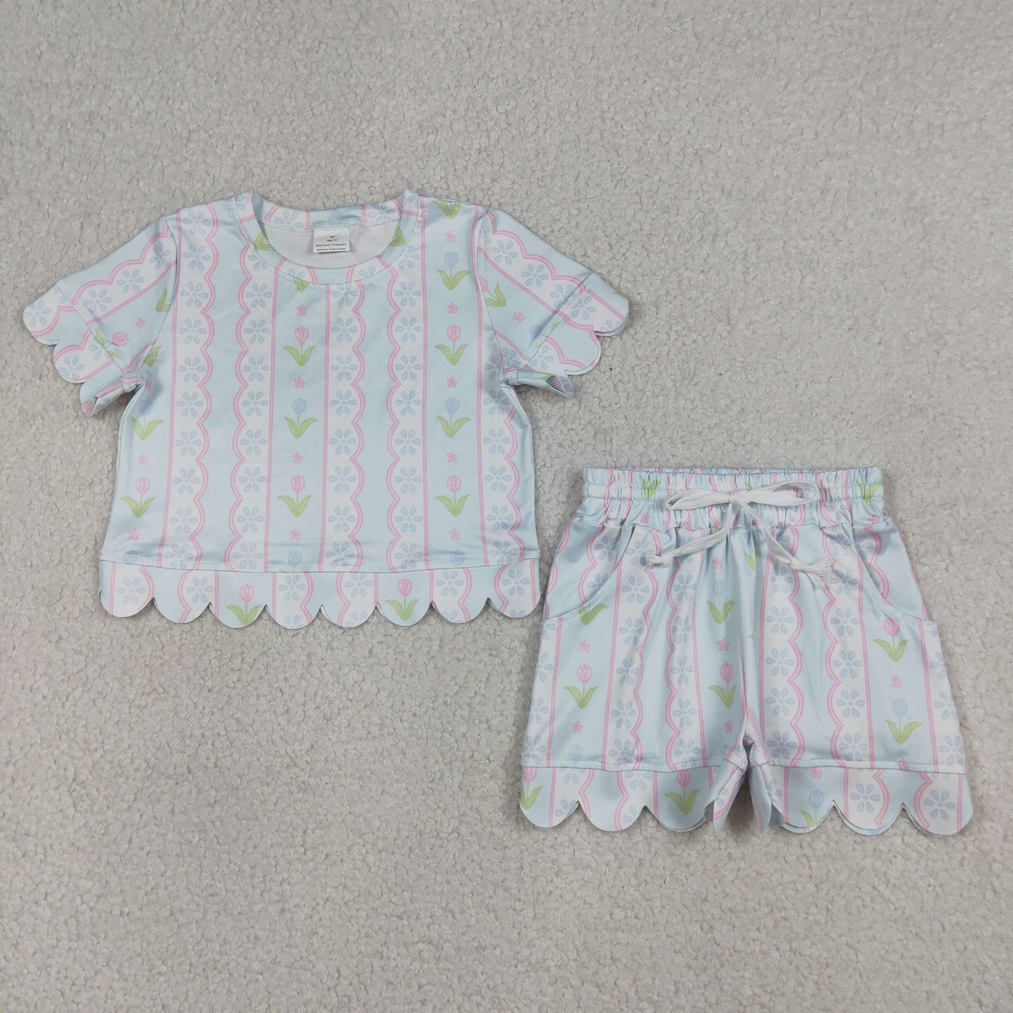 Baby Girls Flowers Stripe Top Scallop Shorts Clothes Set