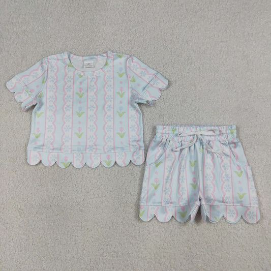Baby Girls Flowers Stripe Top Scallop Shorts Clothes Set