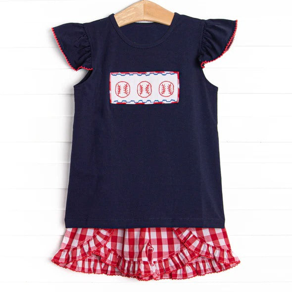 Baby Girls Flutter Sleeve Baseball Top Checked Ruffle Shorts Team Clothes Set Preorder