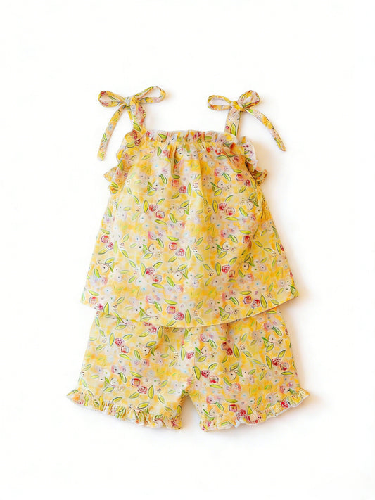 Baby Girls Strap Colorful Flowers Tunic Ruffle Short Clothes Sets Preorder