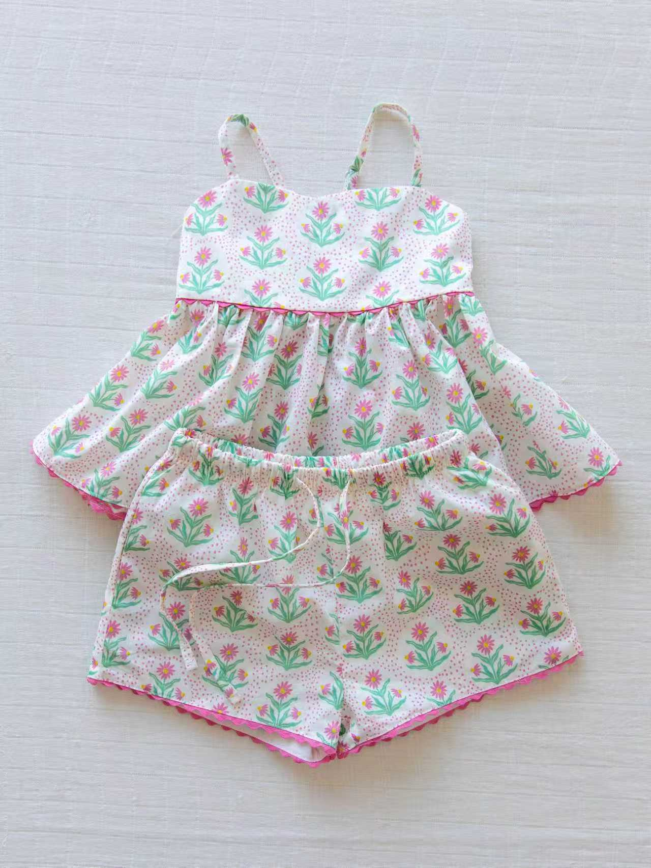 Baby Girls Strap Pink Flowers Tunic Short Clothes Sets Preorder