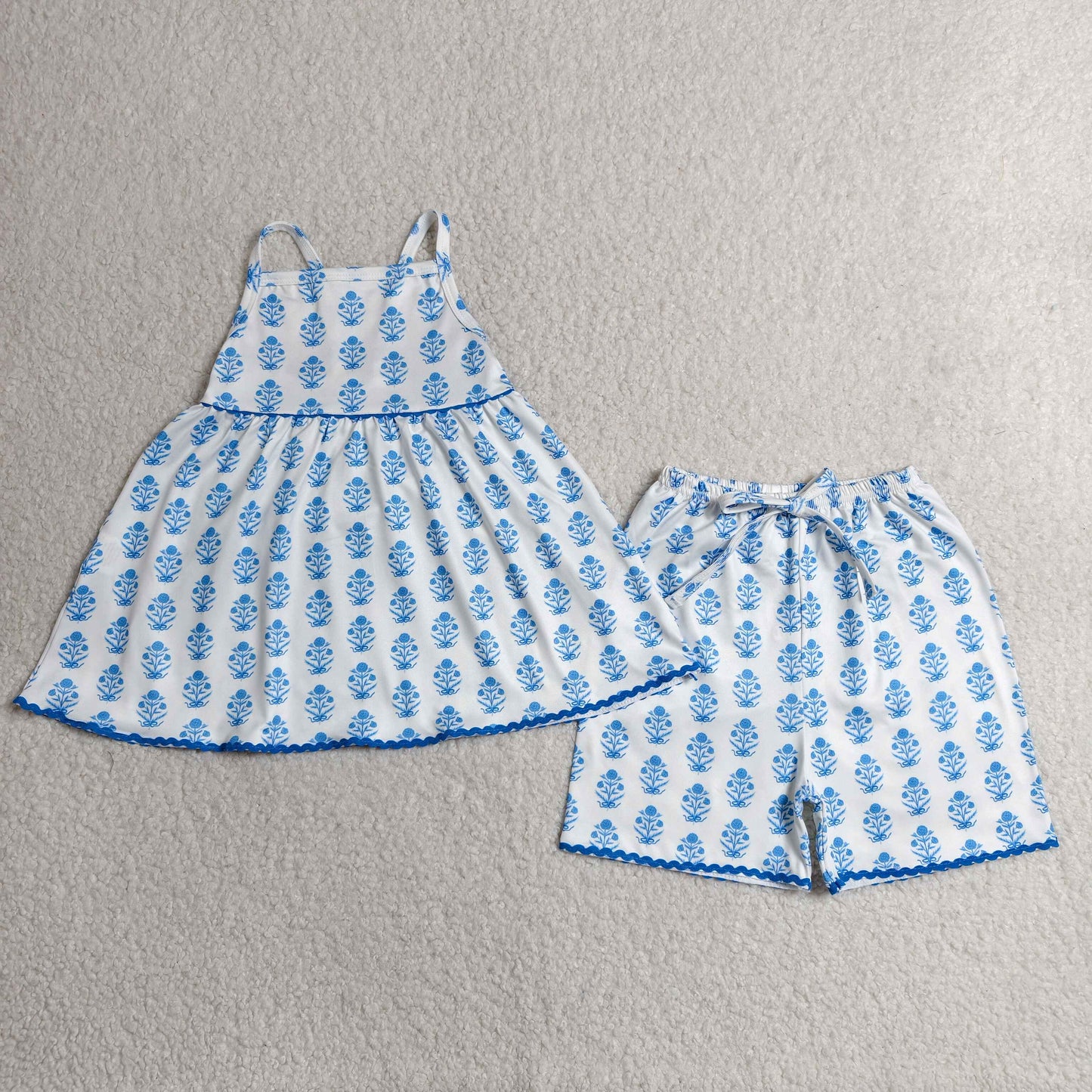 Baby Girls Strap Blue Flowers Plaid Tunic Short Clothes Sets
