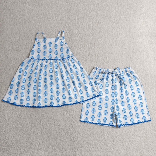 Baby Girls Strap Blue Flowers Plaid Tunic Short Clothes Sets