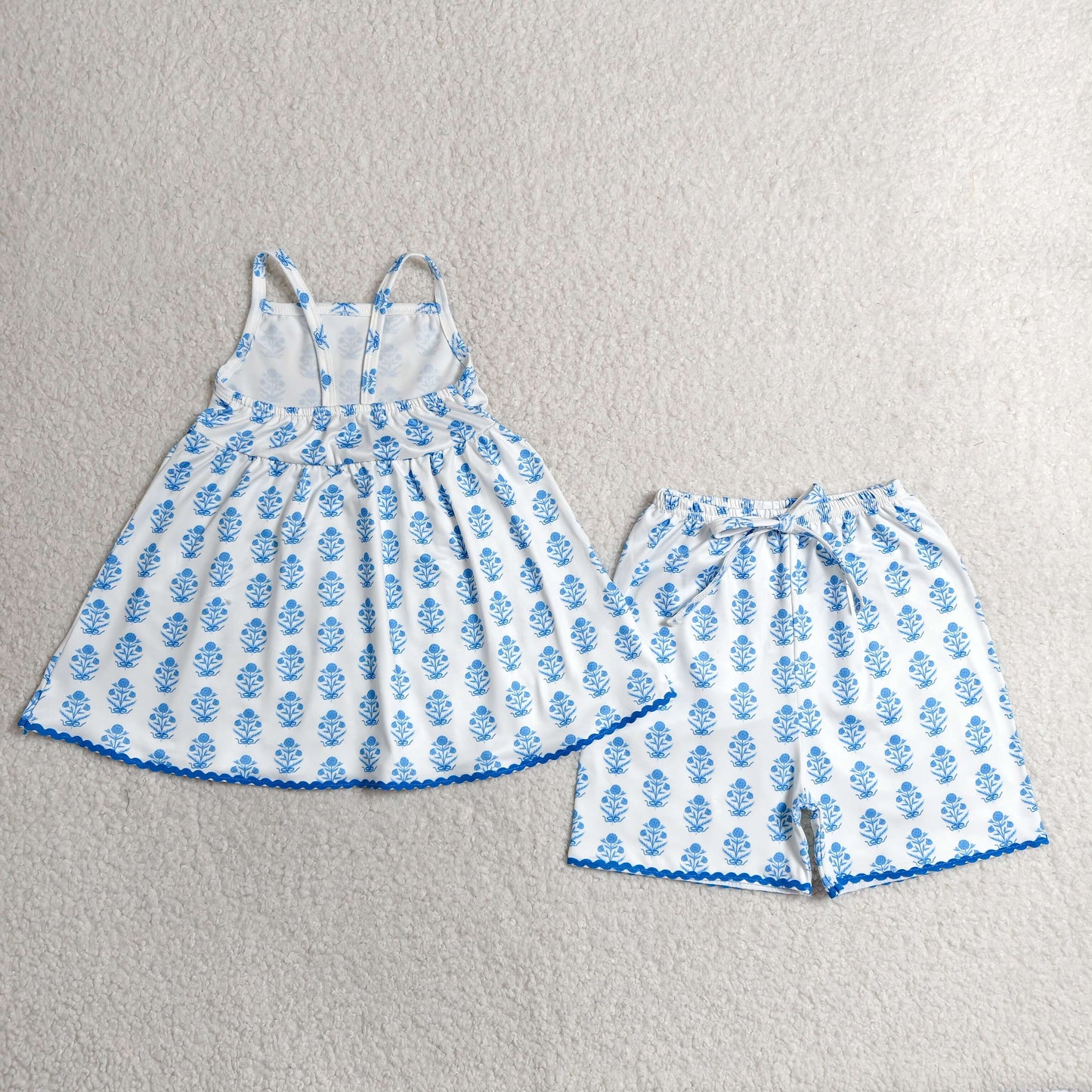 Baby Girls Strap Blue Flowers Plaid Tunic Short Clothes Sets