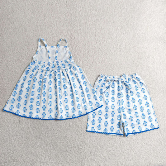Baby Girls Strap Blue Flowers Plaid Tunic Short Clothes Sets