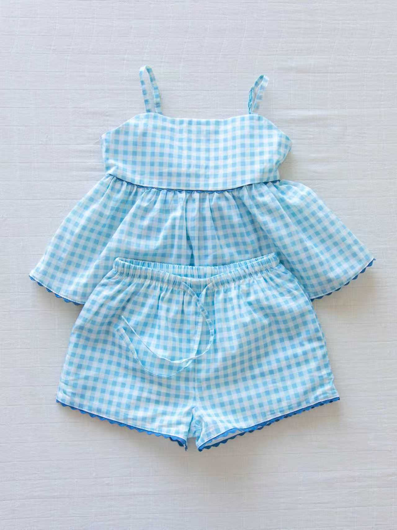 Baby Girls Blue Checked Strap Tunic Short Clothes Sets Preorder