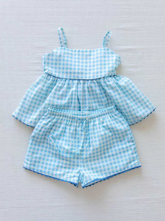 Baby Girls Blue Checked Strap Tunic Short Clothes Sets Preorder