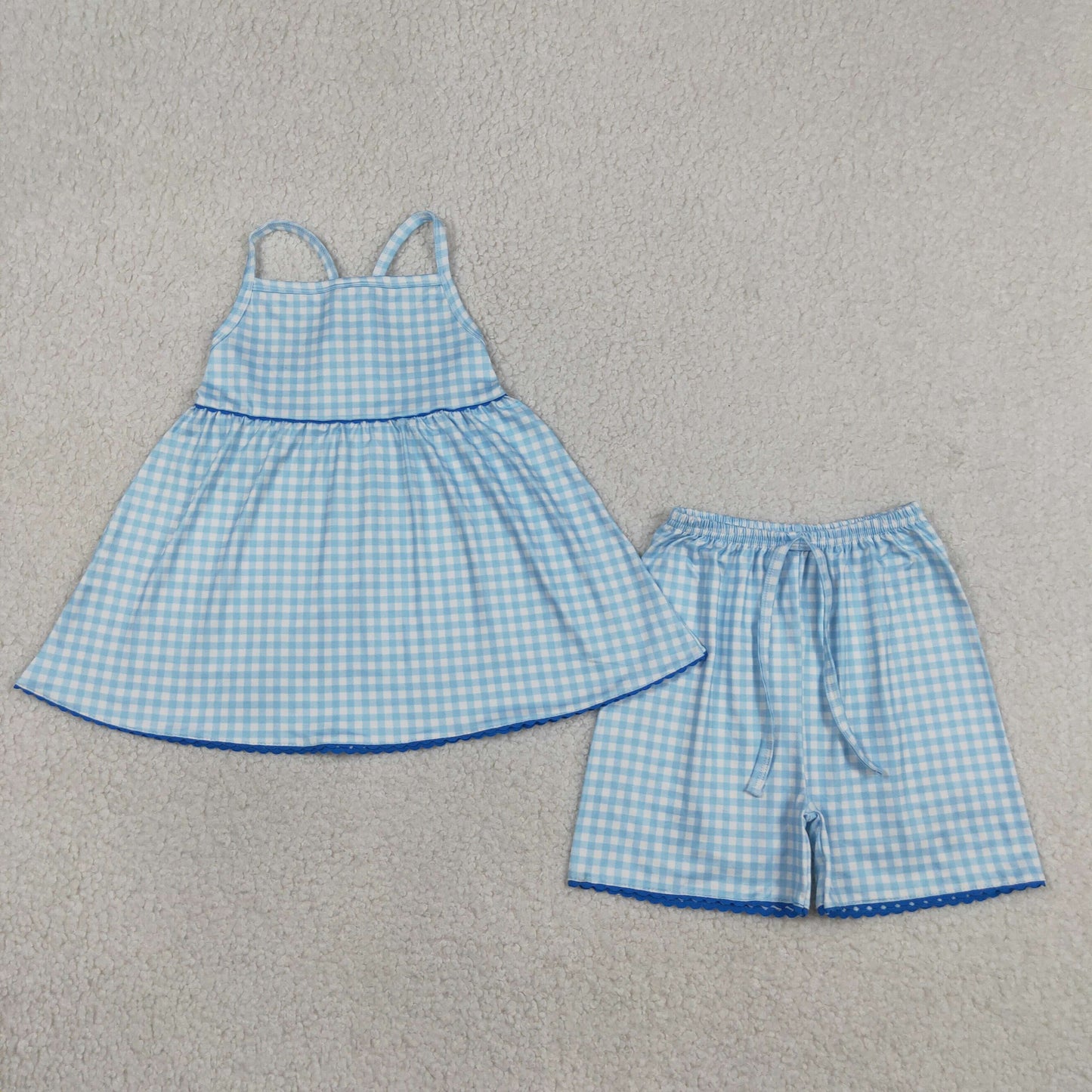 Baby Girls Strap Blue Checked Tunic Short Clothes Sets