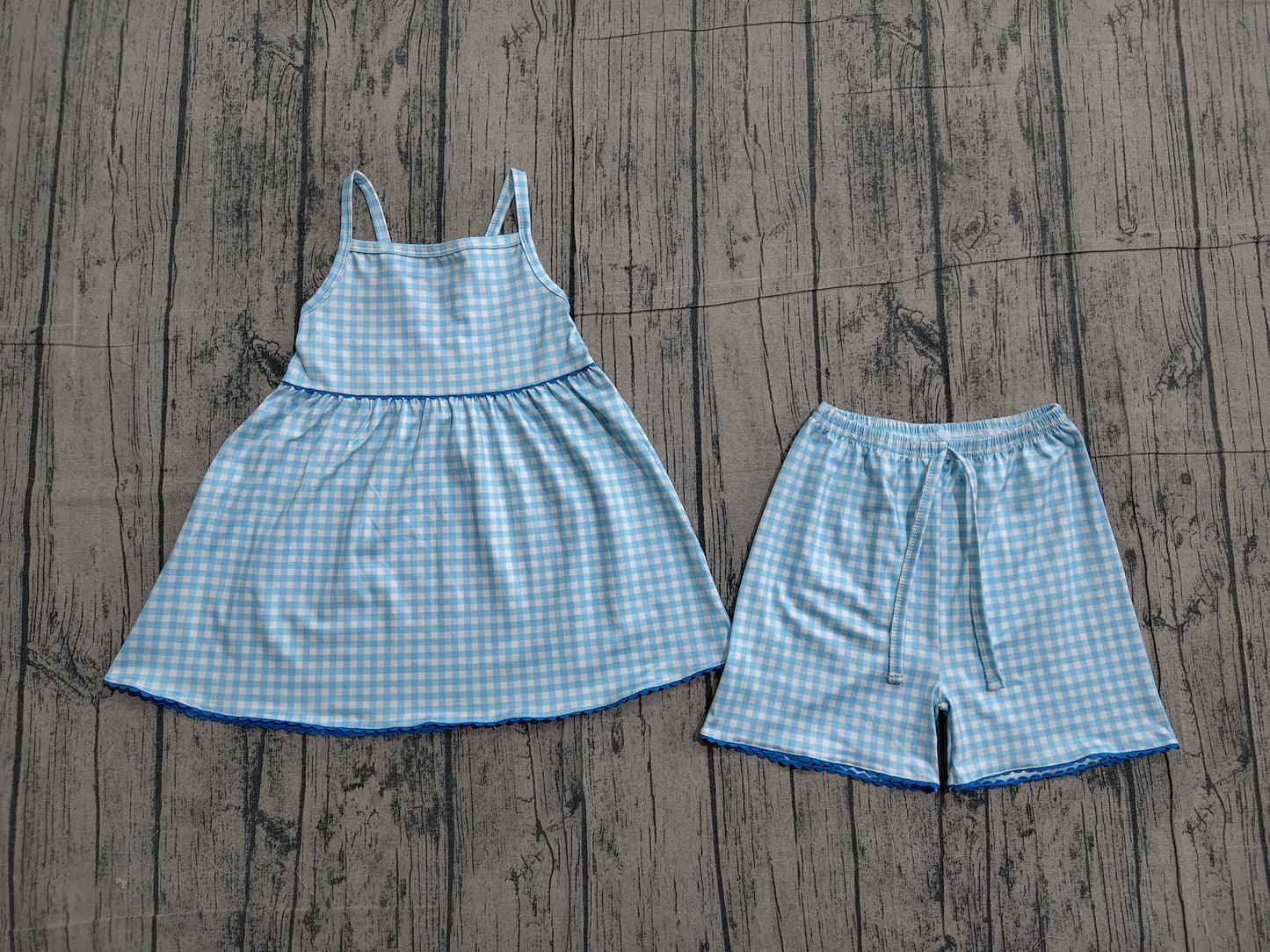 Baby Girls Strap Blue Checked Tunic Short Clothes Sets
