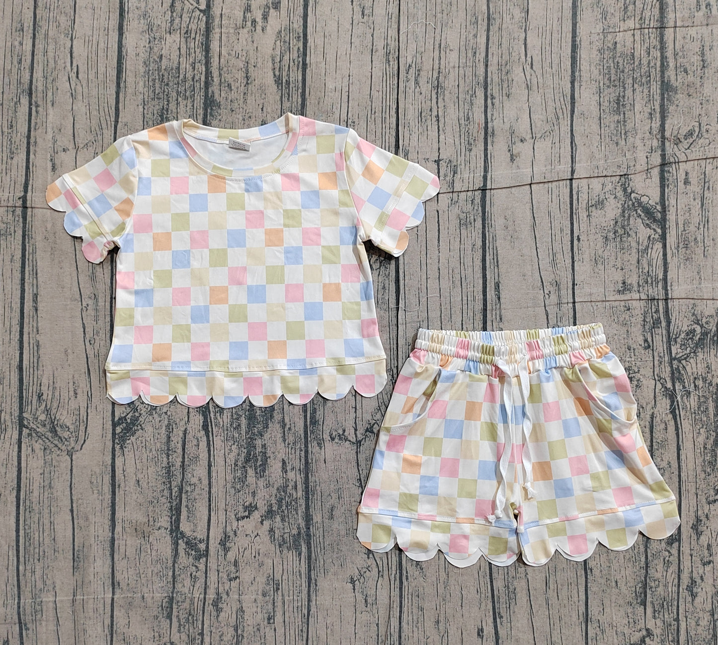 Baby Girls Colorful Checked Top Pockets Shorts Scallop Clothes Set