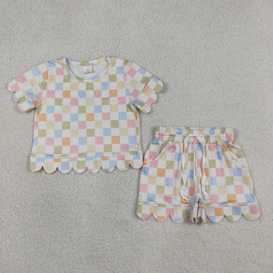 Baby Girls Colorful Checked Top Pockets Shorts Scallop Clothes Set
