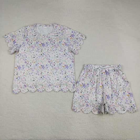 Mama and Me Girls Colorful Flowers Top Pockets Short Scallop Clothes Sets