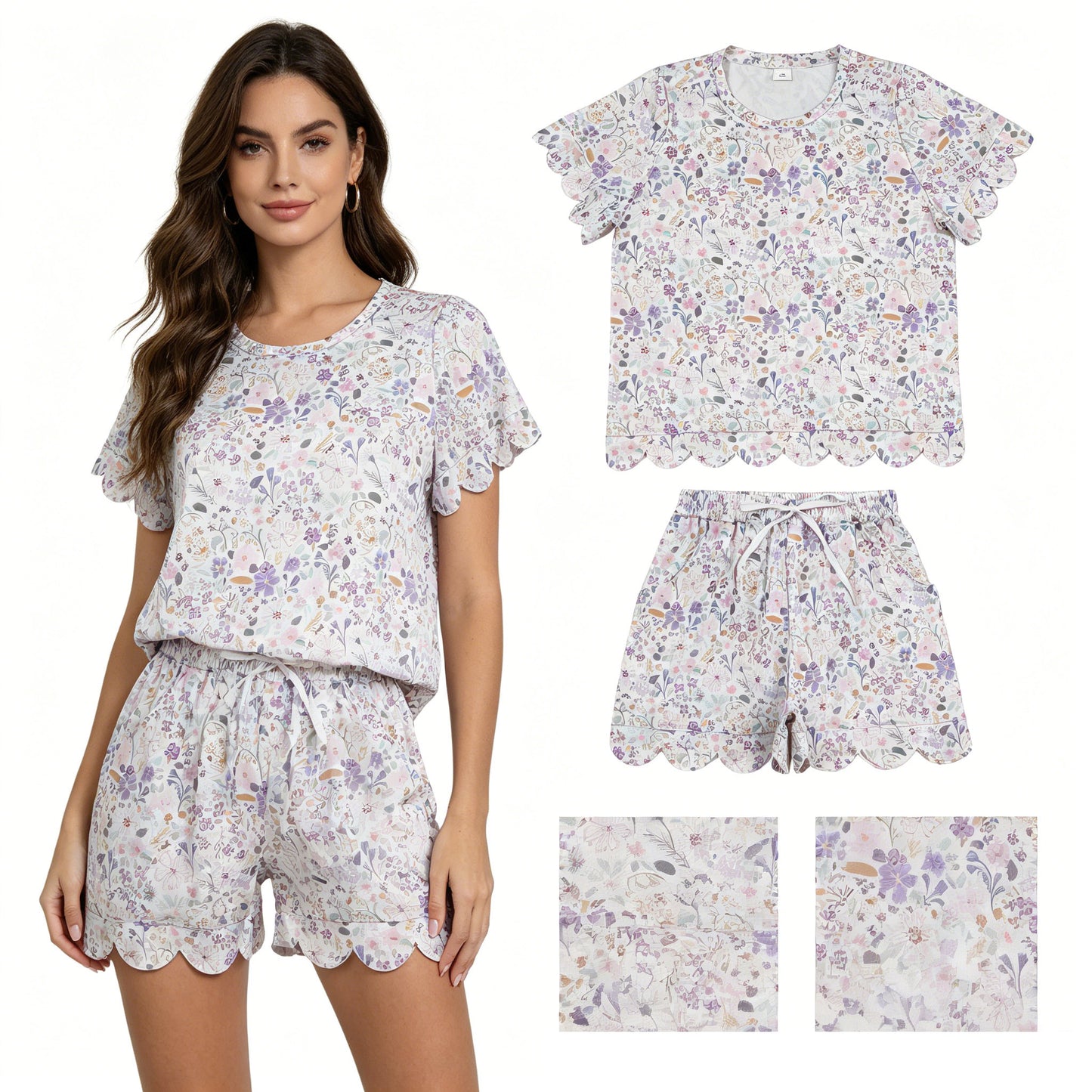 Adult Women Colorful Flowers Top Pockets Short Scallop Clothes Sets