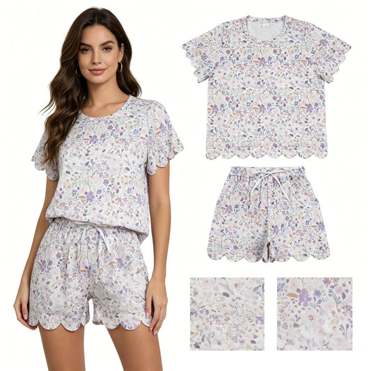 Adult Women Colorful Flowers Top Pockets Short Scallop Clothes Sets