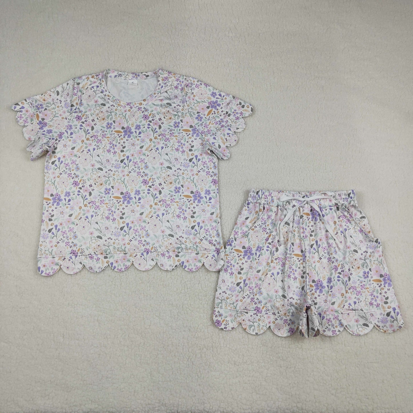 Adult Women Colorful Flowers Top Pockets Short Scallop Clothes Sets