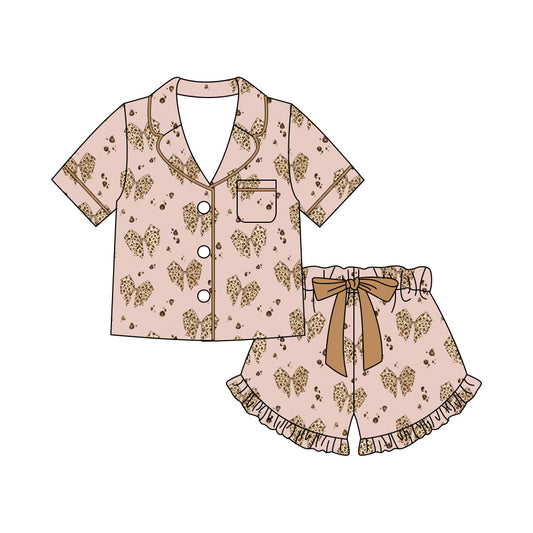 Adult Women Leopard Bows Button Pocket Top Ruffle Short Pajamas Sets Preorder