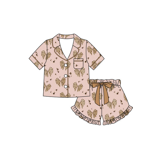 Baby Girls Leopard Bows Button Pocket Top Ruffle Short Pajamas Sets Preorder